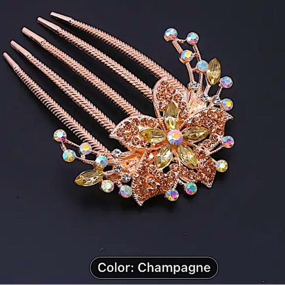 Champagne Rhinestone Flower Hairpin Comb Wedding Anniversary Party Banquet